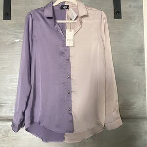 Vici Color Block (Lavender/Lilac) Satin Shirt. Beautiful Button Detail.
